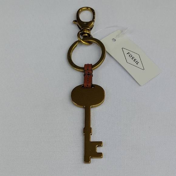 Fossil Brass Key Keychain with Leather Accent - Picture 2 of 5